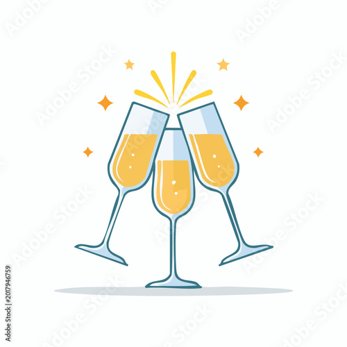 Three Champagne Glasses Clinking Together with Sparkles.