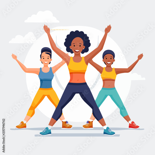 Three diverse women exercising together in a fitness class.