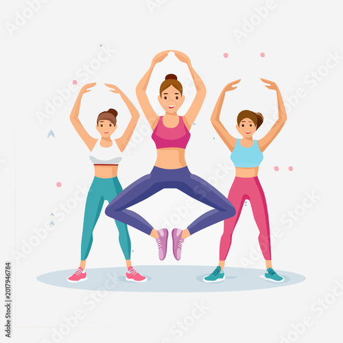 Three women doing fitness exercises together in a studio.