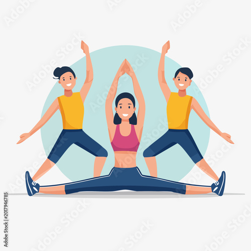Three happy people doing yoga and stretching exercises together.