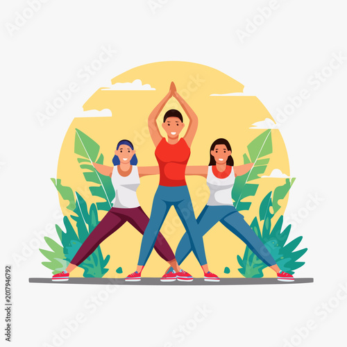 Three women practicing yoga outdoors in a park with lush green foliage.
