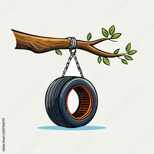Tire swing hanging from a tree branch, simple illustration.