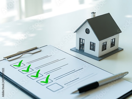 Real estate checklist with a miniature house and pen on a table.