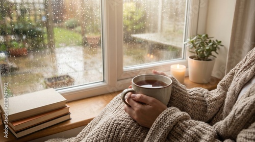 Cozy rainy day scene by the window, person enjoying a warm beverage and a good book
