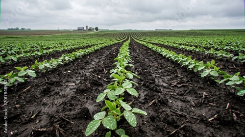 Rows of young green plants growing in a vast field with dark soil under a cloudy sky.