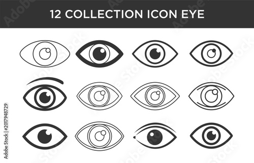 Quadro su tela Set of twelve black and white eye outline icons.