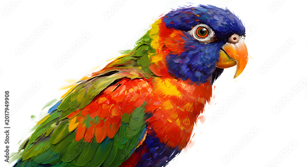 Obraz premium Vivid Lorikeet Portrait: Brushstrokes of Blue, Green, and Red Against a Clean White Backdrop