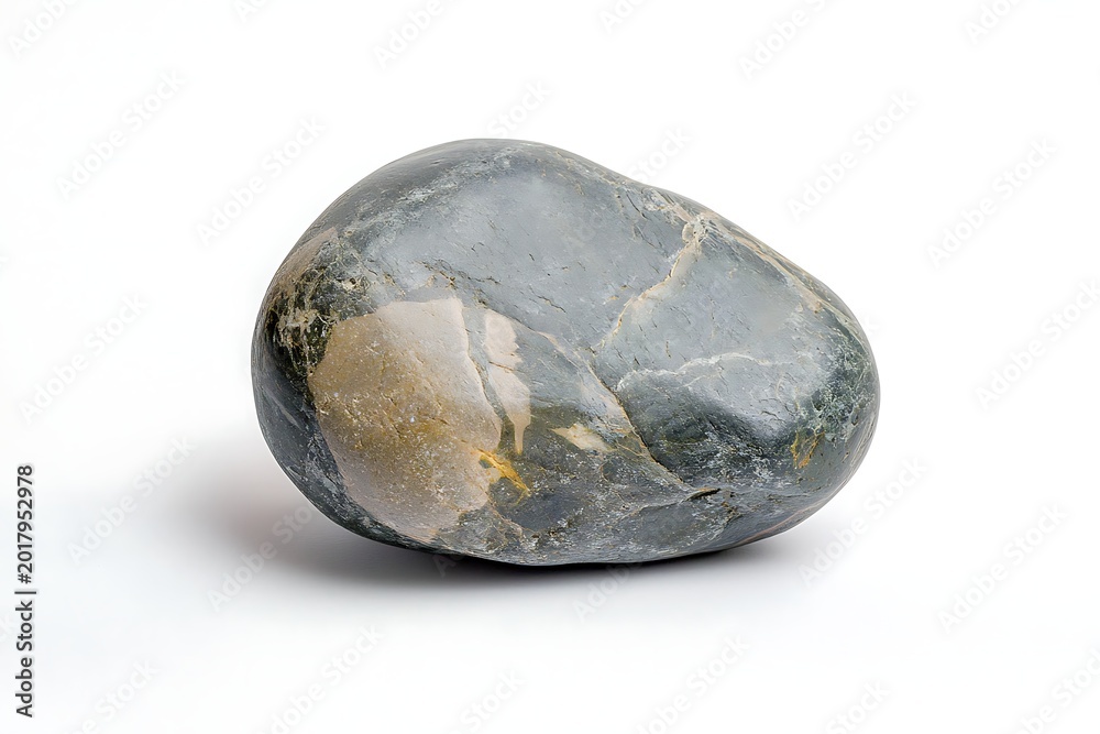 Obraz premium Smooth polished gray stone with beige streaks and subtle textures on a white background