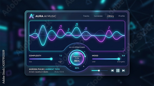 Futuristic AI Music Composer interface with glowing sound waves and controls