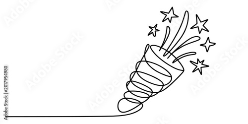 Tableau sur toile Continuous one line drawing of a party popper with stars isolated on white backg