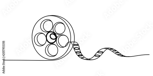 Continuous line drawing of a retro film reel isolated on white background, Vector