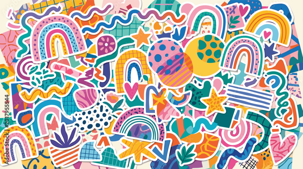 Naklejka premium Vibrant hand drawn rainbow doodle art pattern background.