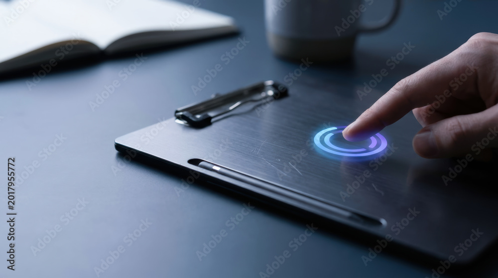 Fototapeta premium task management and workflow planning concept, Finger tapping loading icon clip on clipboard with pen and notebook on desk