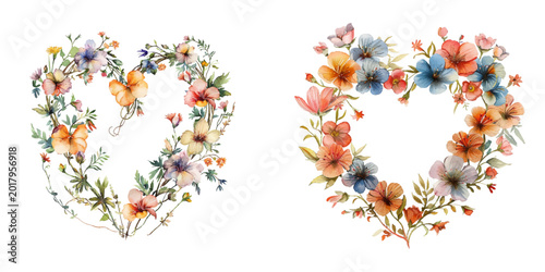 heart shaped flowers wreath watercolor vector illustration