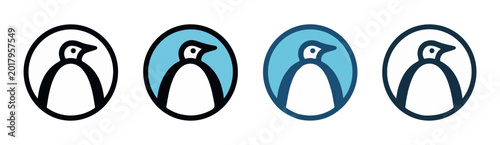 Canvastavla Set of four simple stylized penguin vector logo icons, isolated on white, with different blue circle backgrounds