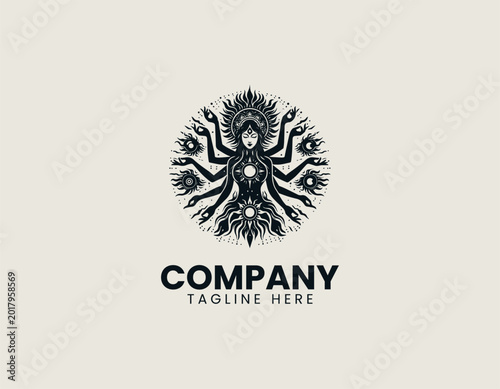 Multi-armed celestial goddess sun mandala spiritual black vector logo