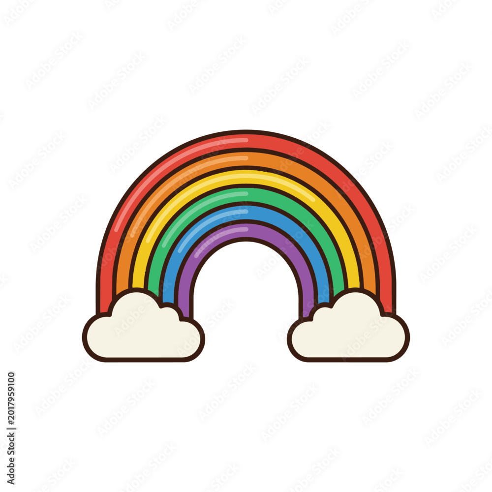 Fototapeta premium A bright and cheerful graphic illustration of a classic rainbow with vibrant color bands and two whimsical clouds, evoking feelings of positivity, hope, and the beauty of nature