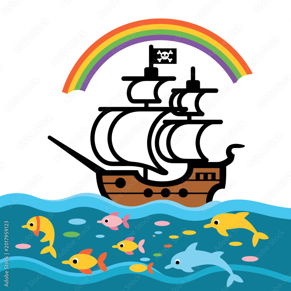 Fototapeta premium Pirate ship with skull and crossbones flag sailing through blue ocean waves with colorful fish and leaping dolphins beneath a vibrant arched rainbow