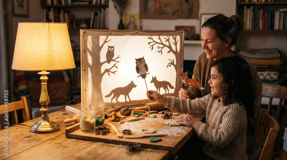Fototapeta premium Artistic home learning moment with shadow puppets, dough board, and golden practical lamp light.