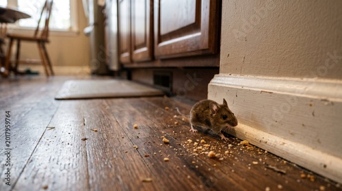 Mouse Brownie. Rodent collecting food crumbs on wooden floor near wall in house, deratization and hygiene concept.