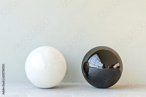 Minimalist Still Life Photo of Two Spherical Decorative Orbs, One White and One Black, on a Clean Surface