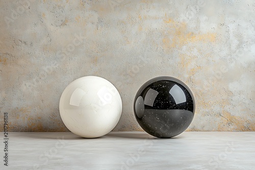 Minimalist black and white spheres on neutral textured background with shadows in a contemporary setting