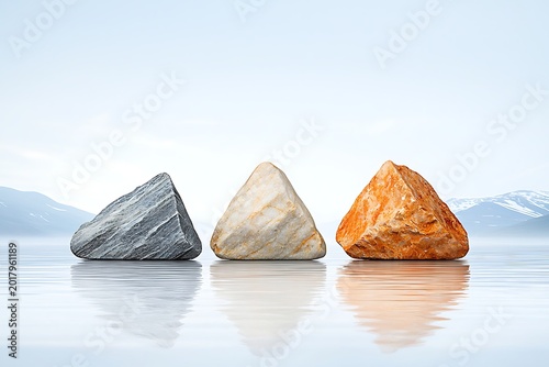 Three Large Triangular Rocks with Varied Colors Floating on Calm Water Surface Against Mountainic Landscape