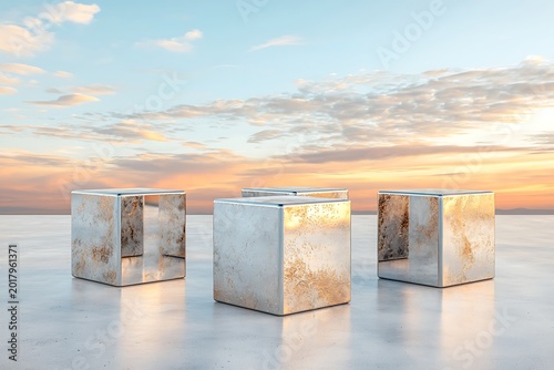 Modern minimalist square metal sculptures reflecting sunset with colorful sky on smooth surface landscape