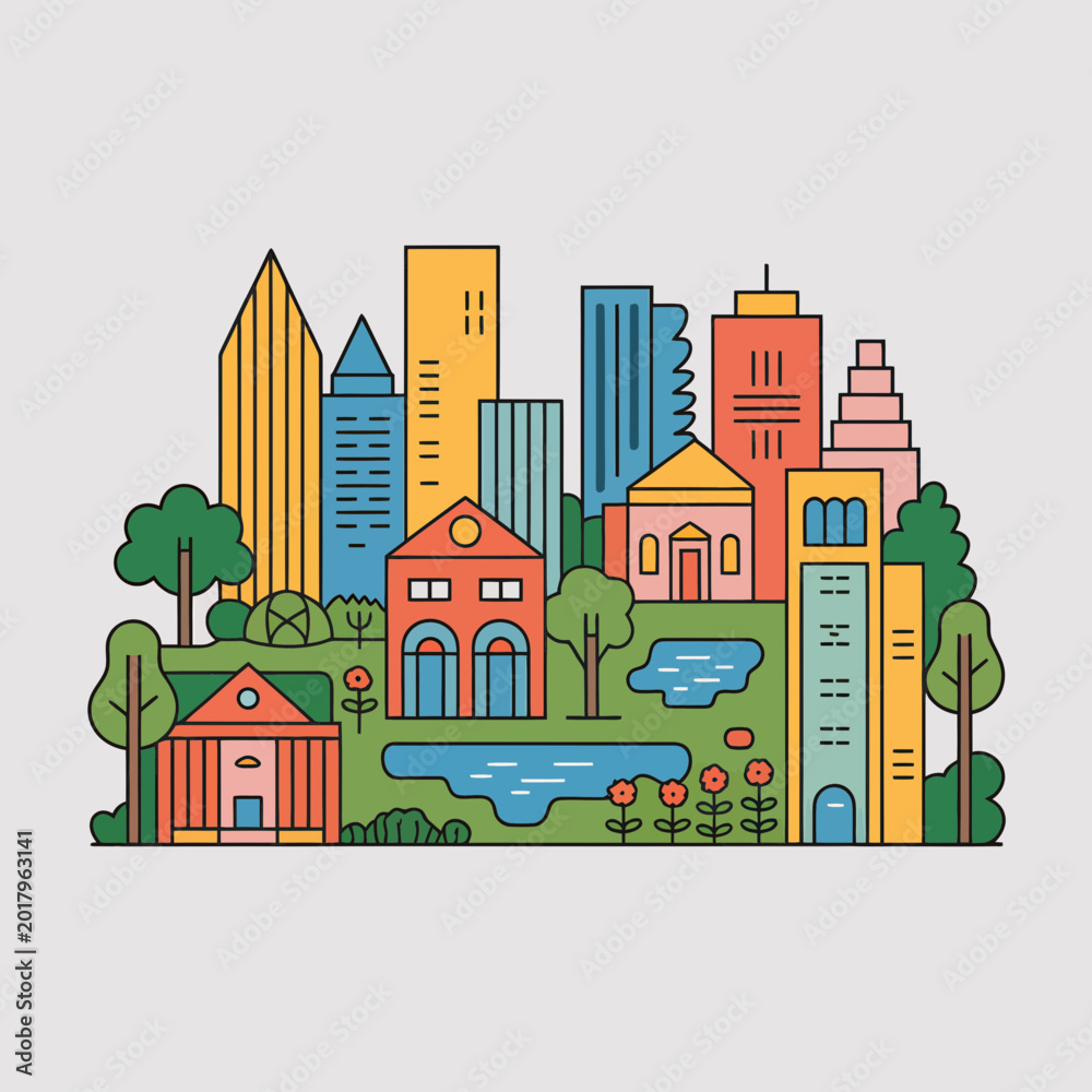 Fototapeta premium Colorful vector illustration of a modern urban city skyline featuring tall skyscrapers, traditional buildings, and a lush green park with blue ponds and red flowers