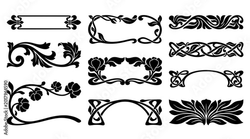 Collection of black botanical Art Nouveau lower thirds and elegant vector floral borders. Vintage silhouette ornaments for classic invitations and menus