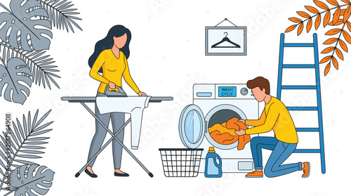 Bild auf Leinwand Laundry Room Household Chores Vector Illustration with Woman Ironing Clothes and