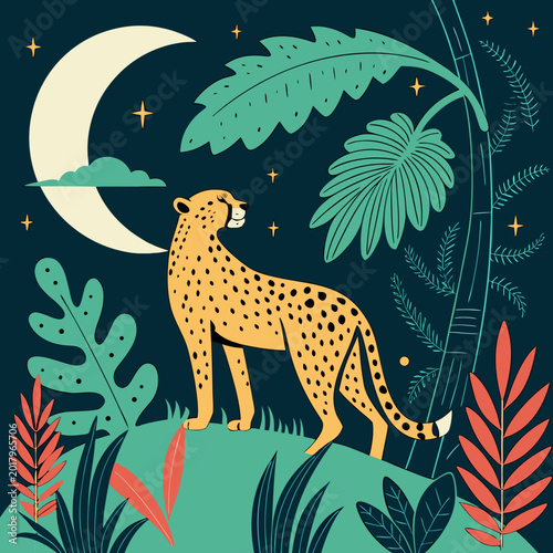 фотографія Stylized nighttime jungle illustration featuring a majestic cheetah under a cres