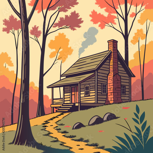 Tableau sur toile Beautiful vector illustration of a rustic log cabin nestled in a vibrant autumn