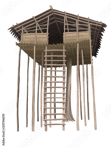 Indonesian Papuan traditional house Rumah Kaki Seribu, Arfak tribe wooden stilt house illustration