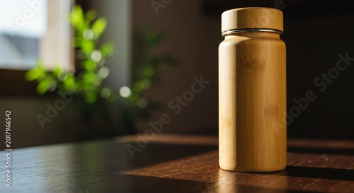 A bamboo water bottle sits on a wooden table indoors near a window with a plant.