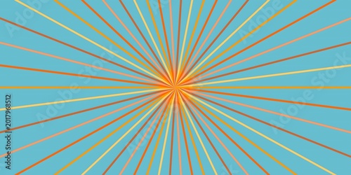 Sunburst pattern with orange rays radiating on blue sky background