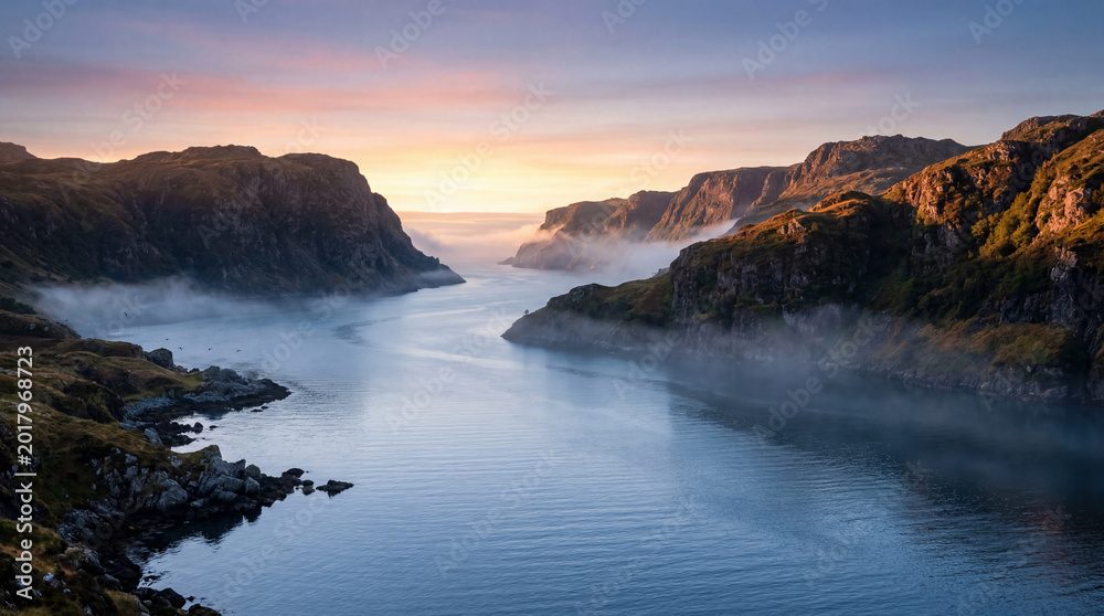 Fototapeta premium Velvet dawn sea strait with cool blue water warm cliffs and subtle fog layers coastal