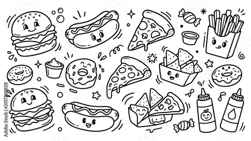 Photos Junk food doodle collection featuring smiling burger pizza hot dog and snacks characters