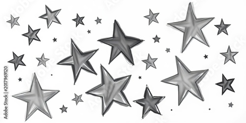 Whimsical, unevenly sized stars sketched in charcoal, varying shades of gray on white background,   ink,  sky