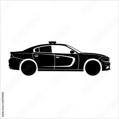 Black and white silhouette illustration of a modern police patrol car, side view, with roof lights and side decals, on a white background.
