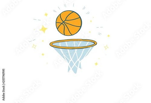 Whimsical line drawing of a basketball hoop with a bouncing ball, stars, and energetic squiggles,   creative,  single line