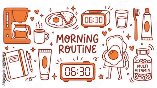 Bild auf Leinwand Morning routine daily schedule set with coffee alarm clock breakfast and hygiene products