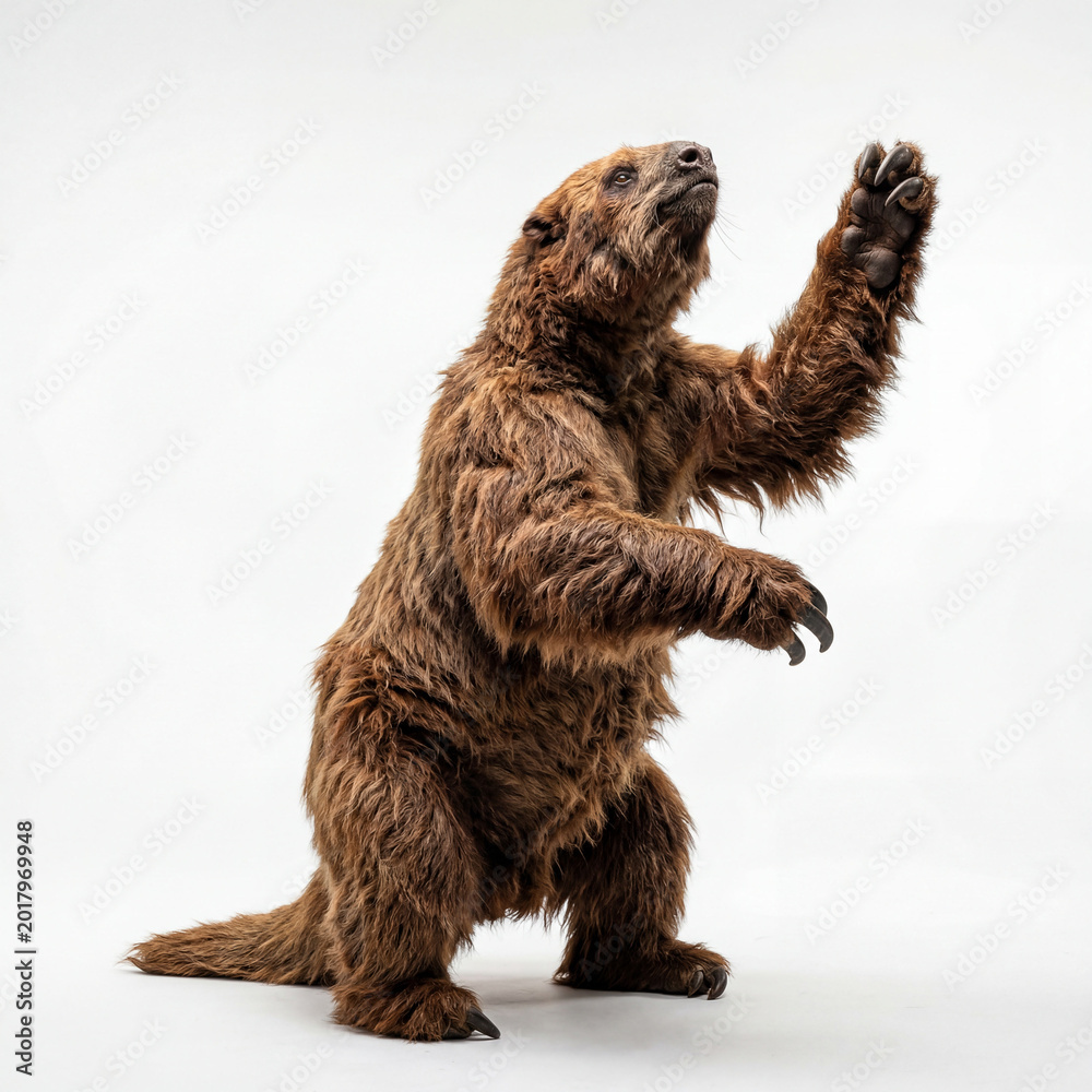 Fototapeta premium Dramatic giant ground sloth with shaggy fur reaching pose and hyperreal prehistoric realism museum art