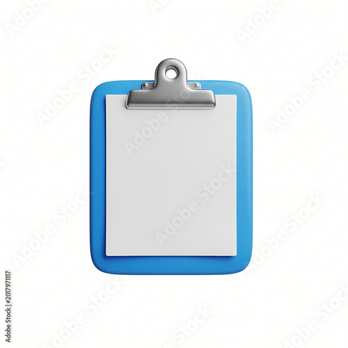 3 d rendered blue clipboard with blank paper on transparent background