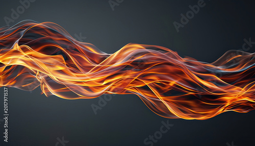 Macro composition of a dynamic blazing fire ribbon sweeping horizontally through a dark studio space, displaying hyper-detailed translucent flame layers and intense fiery heat waves.
