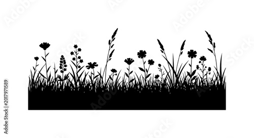 Bold Black Silhouette Wildflower Meadow Vector Art