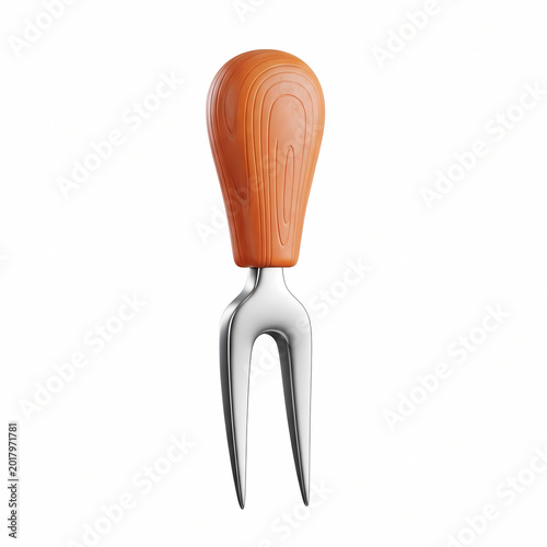 Close up rendering of a cheese fork with wooden handle isolated on transparent background