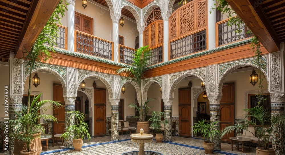 Naklejka premium Exquisite Moroccan Riad Interior Courtyard Featuring Intricate Arches, Vibrant Tiles, and Lush Greenery