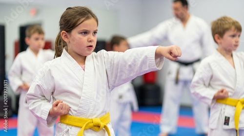 Little girl in white martial arts uniform practicing karate punch in a gym