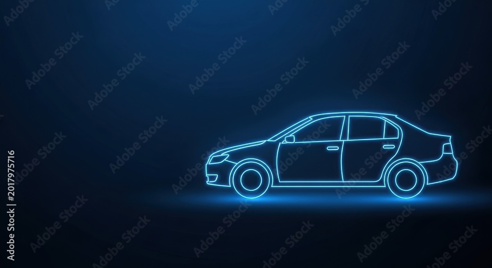Fototapeta premium Sleek Neon Blue Electric Car Outline on a Dark Digital Background, Representing Future Automotive Technology and Innovation